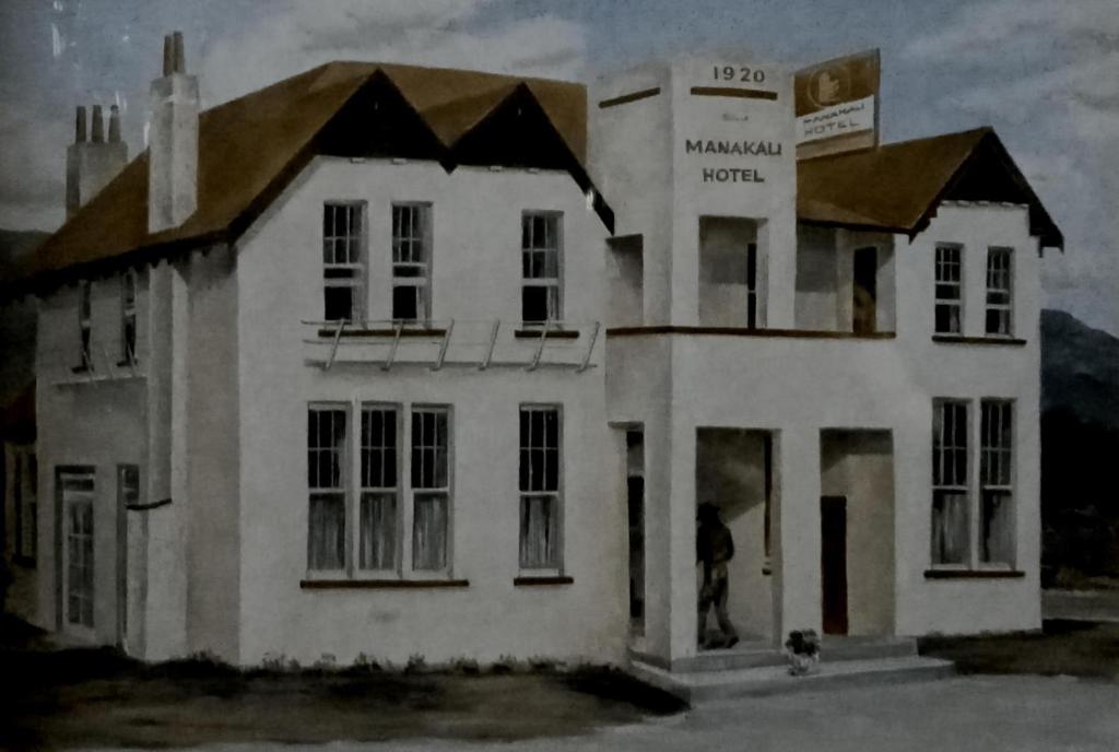 a painting of a white house with a man standing outside at Manakau House The Old Manakau Hotel 1920 in Manakau
