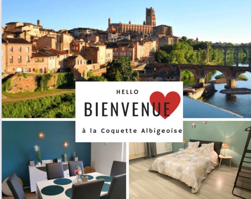 un collage de photos d'une ville et d'un hôtel dans l'établissement La Coquette Albigeoise - Maison Albi centre rénovée - WIFI - Vue - Jardin, à Albi