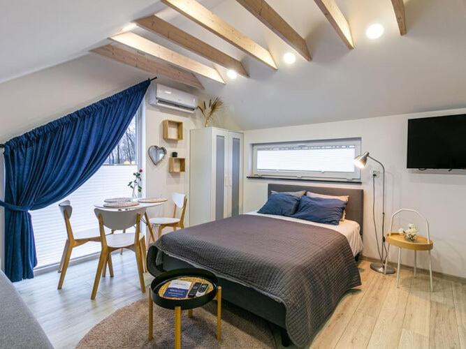 a bedroom with a bed and a table and a tv at Air-conditioned apartments, pool, sauna, Niechorze in Niechorze