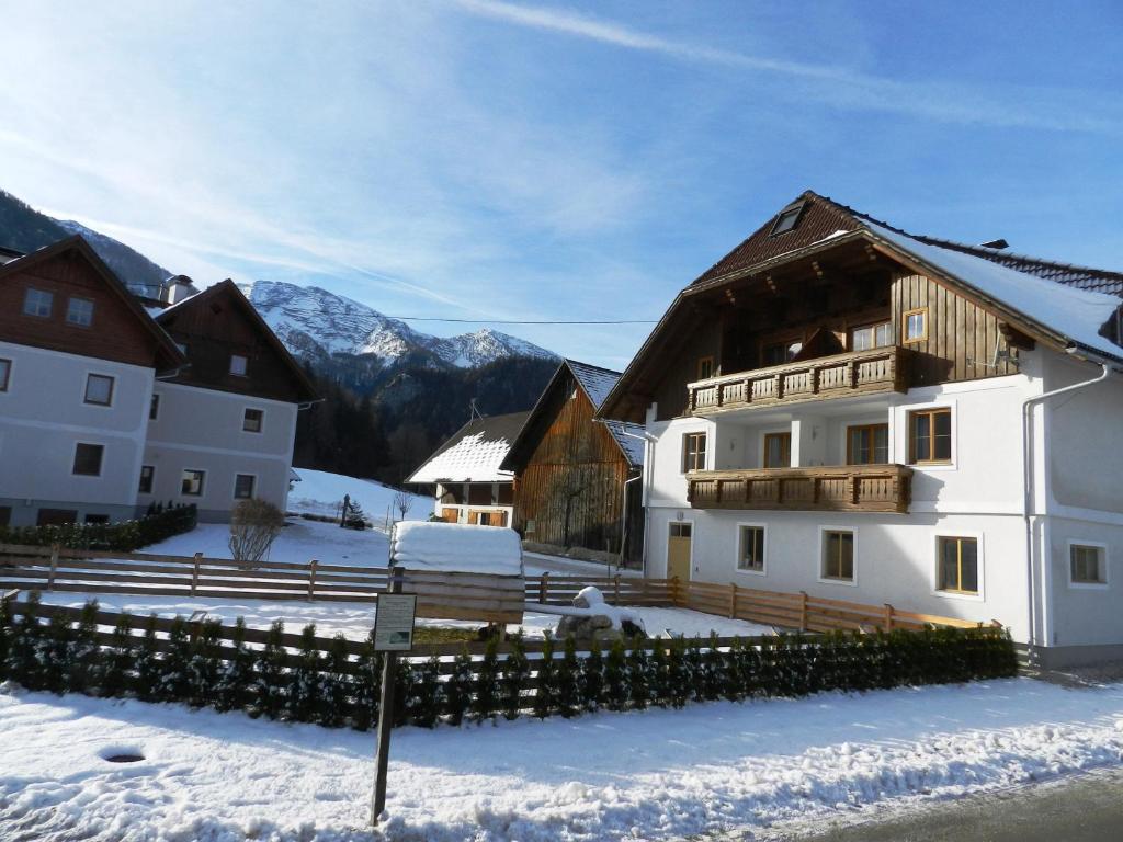 un groupe de bâtiments dans la neige avec des montagnes dans l'établissement Baby- und Kinderbauernhof Riegler, à Rossleithen
