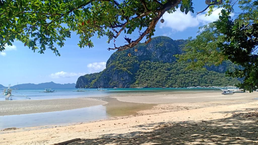 a view of a beach with a mountain in the background at Telesfora Beach Cottage in El Nido