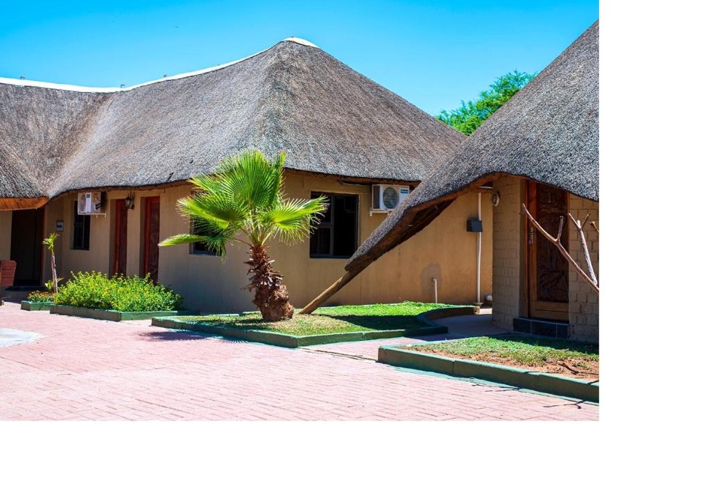 een huis met een rieten dak en een palmboom voor de deur bij MSC Hotel Otjiwarongo in Otjiwarongo