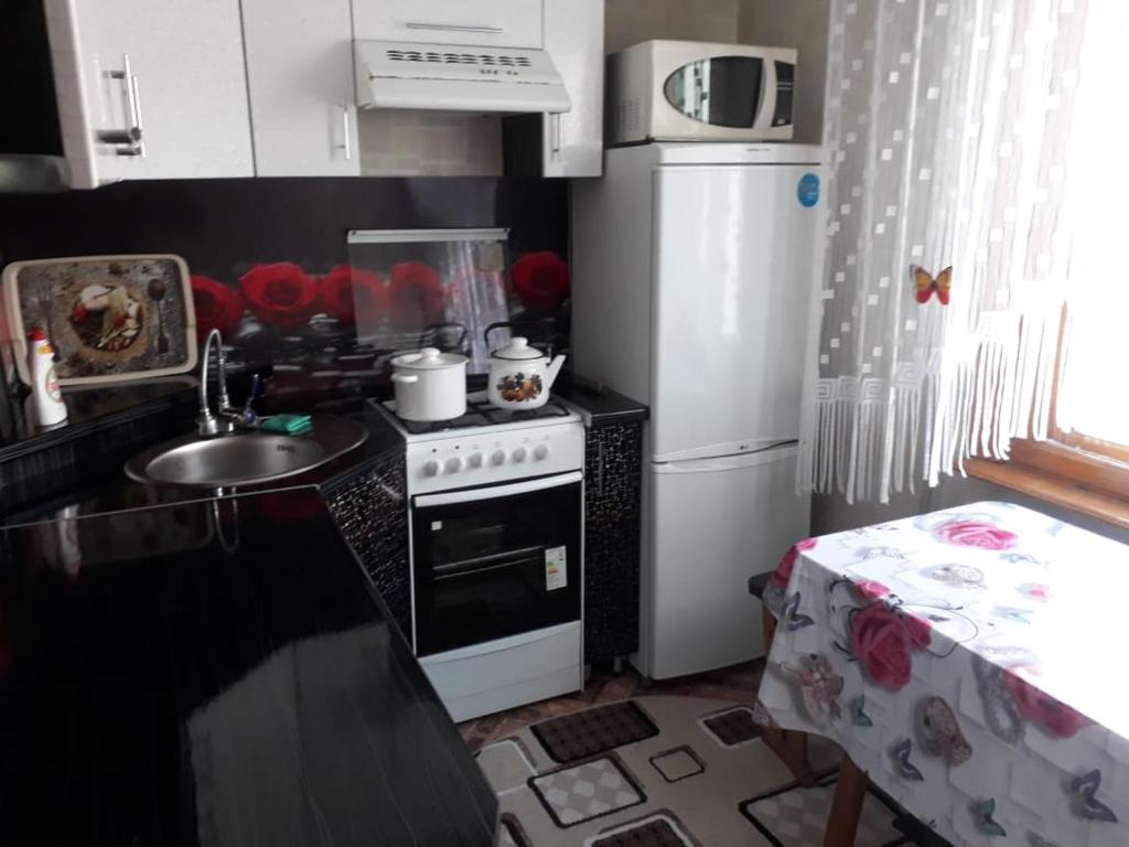 a kitchen with a stove and a sink and a refrigerator at Аппартоменты in Shchūchīnsk