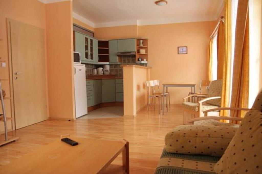 哈拉霍夫的住宿－Apartmány Areál Ados，带沙发和桌子的客厅以及厨房。