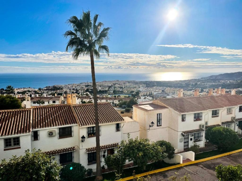 a palm tree and buildings with the ocean in the background at Casa Yaya Nerja in Nerja