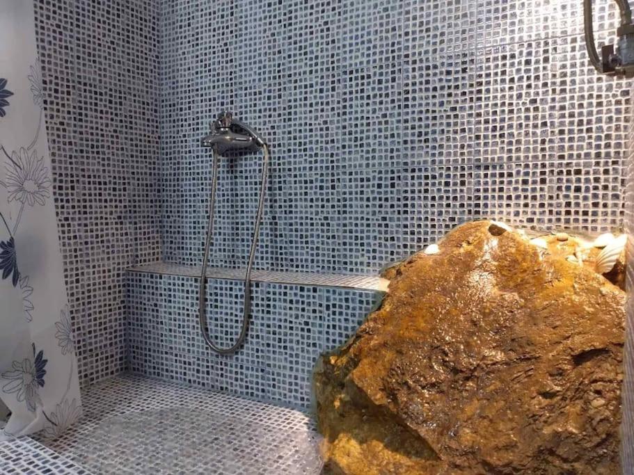 a shower with a large rock in a bathroom at Athena's Guest House in Stagiates