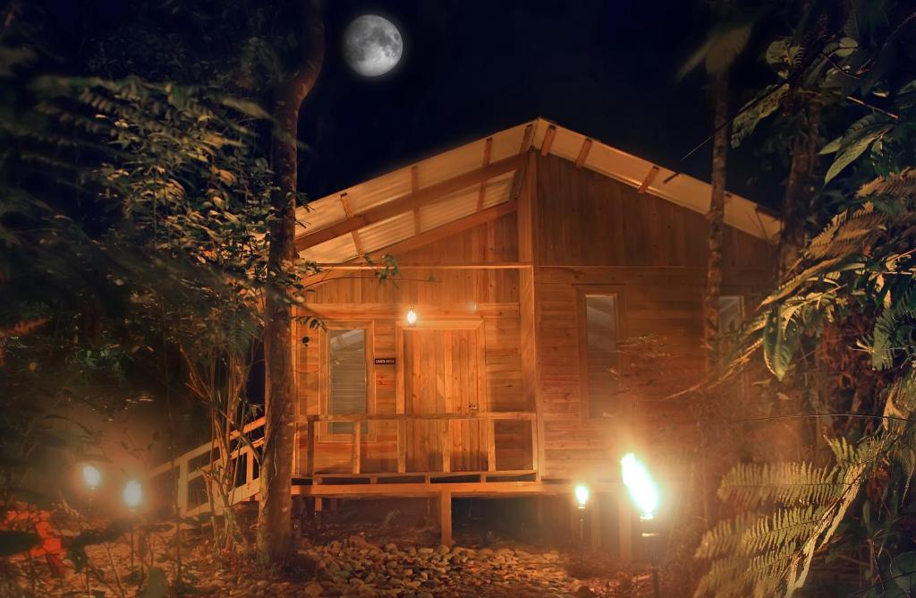 uma casa na árvore à noite com a lua ao fundo em Hotel Wagelia Espino Blanco em Turrialba