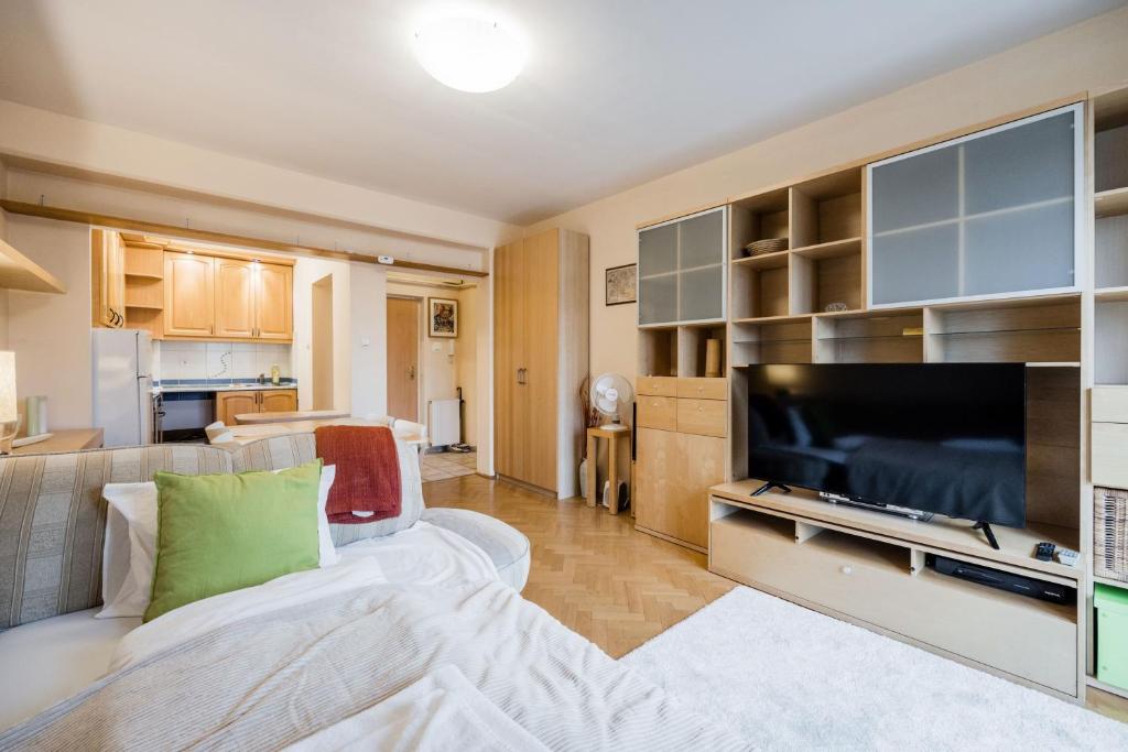 uma sala de estar com uma grande televisão de ecrã plano em Citadel Manor Apartment em Budapeste