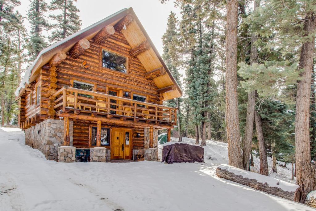 eine Blockhütte im Wald im Schnee in der Unterkunft Bear Hollow Cabin in Tacoma