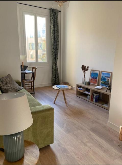 un salon avec un canapé vert et une fenêtre dans l'établissement Studio Nice Le Palais, avec cuisine et espace repas séparés, dans immeuble niçois, Port de Nice, Vieux Nice, Place du pin et Garibaldi, Colline du château, à 2 minutes de la promenade des Anglais, à Nice