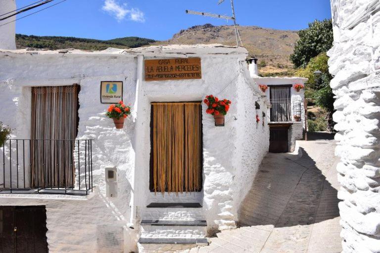 a white building with a door and flowers on it at La Abuela Mercedes en Trevélez in Trevélez