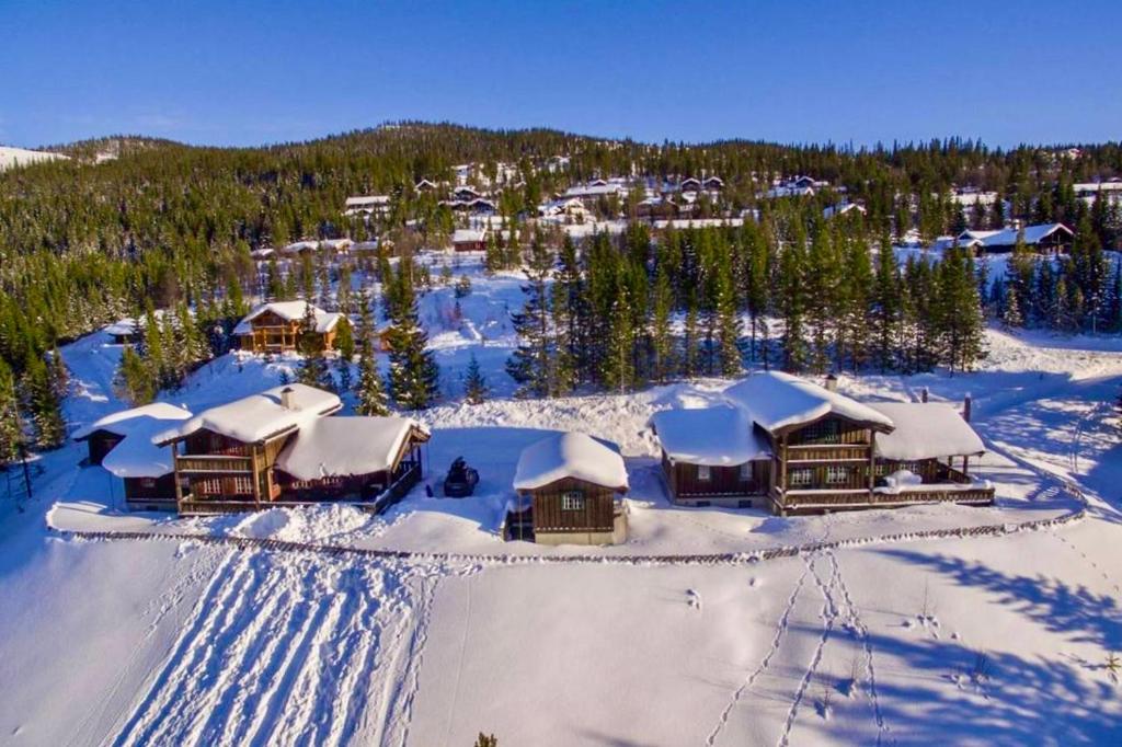 an aerial view of a resort in the snow at Grand cabin Nesfjellet lovely view Jacuzzi sauna in Nes i Ådal