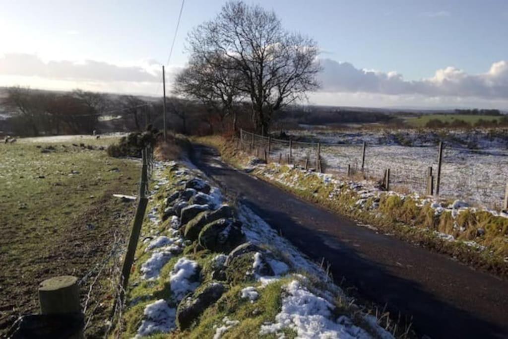 a row of rocks on the side of a road with snow at The Hillock in Uplawmoor