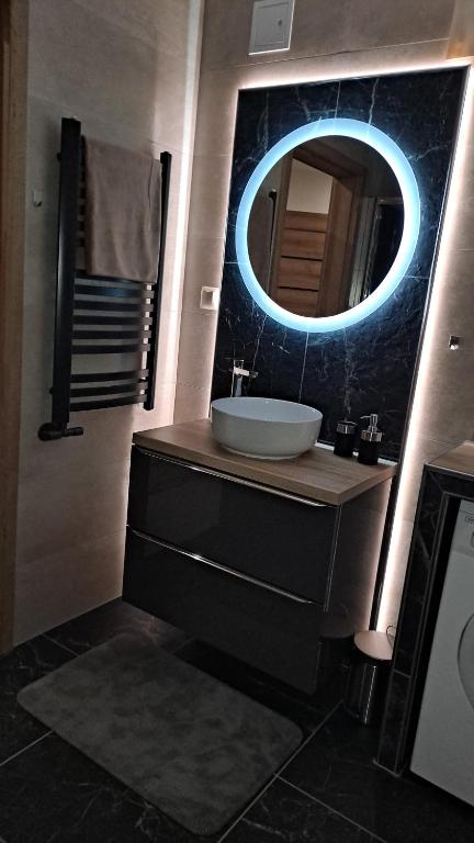 La salle de bains est pourvue d'un lavabo et d'un miroir. dans l'établissement Apartament Pod Brzyzkiem, à Leśnica