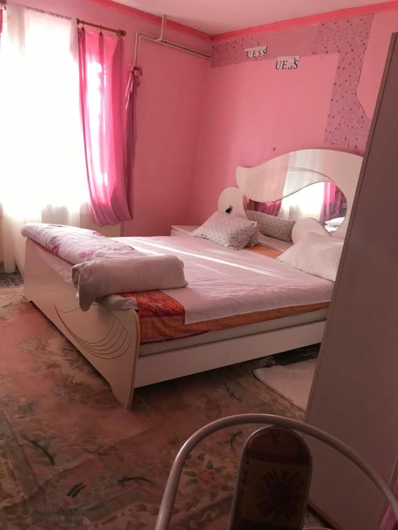 1 dormitorio con 1 cama con espejo y paredes rosas en Külön apartman fiatal pároknak hosszútávra feléért!, en Budaörs