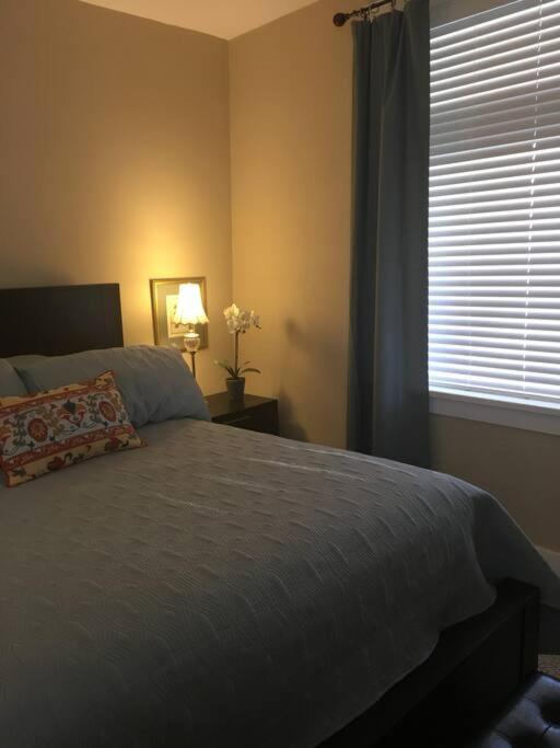 een slaapkamer met een groot bed en een raam bij Your home away from home! First floor LTR discounts 533 in Pittsburgh