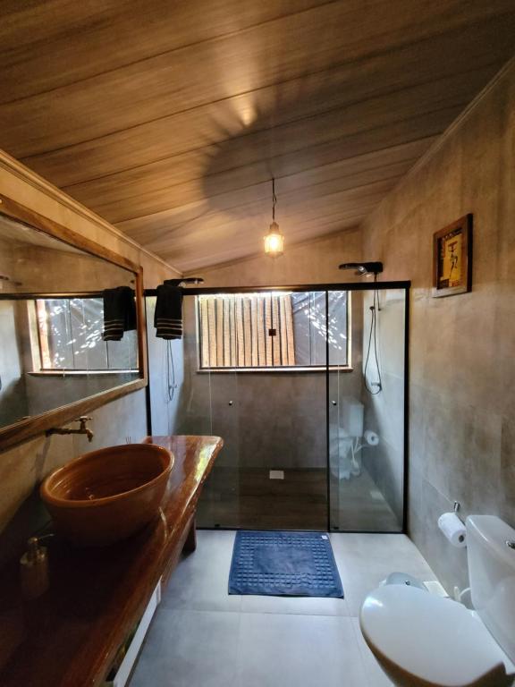 y baño con aseo, lavabo y ducha. en Casa Lobo-guará, en Alto Paraíso de Goiás