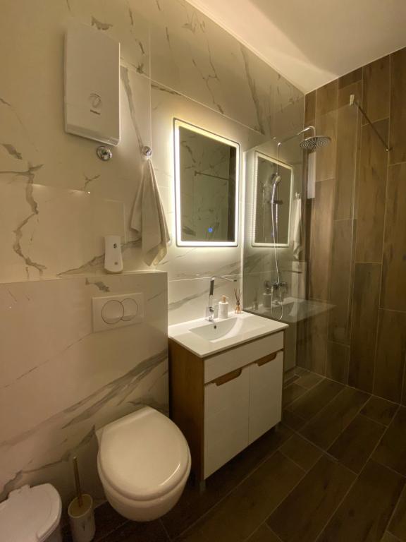 a bathroom with a toilet and a sink and a shower at King Milans Apartment in Belgrade
