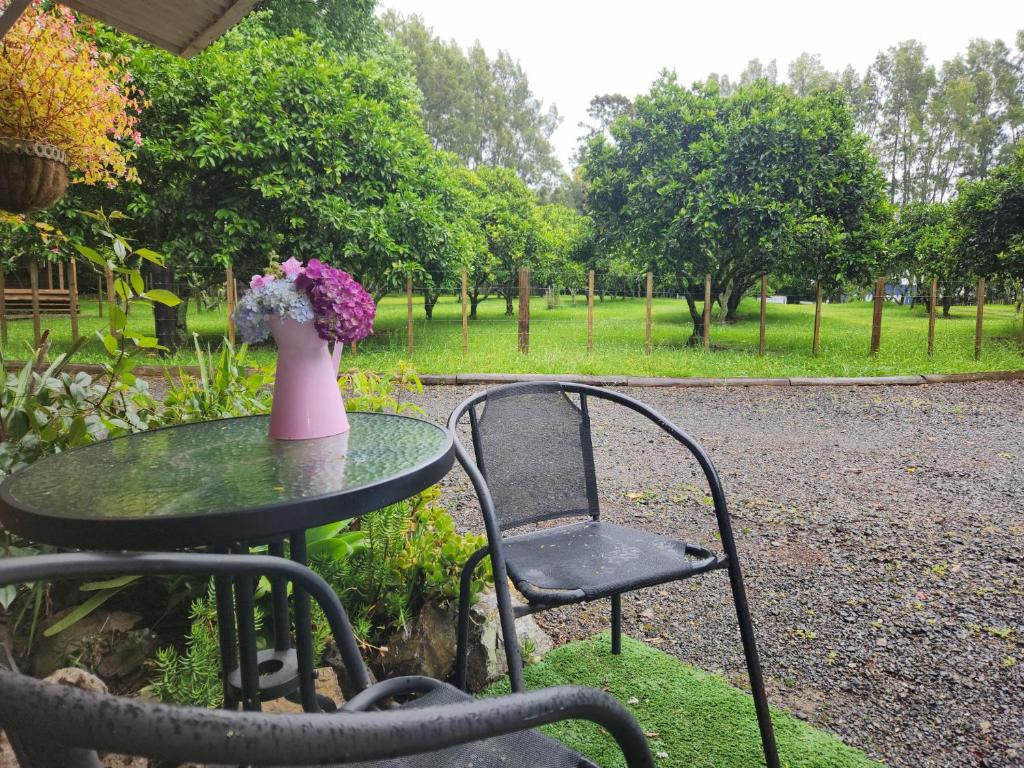 a table and chair with a vase of flowers on it at La Petite Ferme Studio Kerikeri in Kerikeri