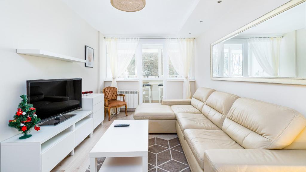 a living room with a couch and a christmas tree at Apartamenty Sun & Snow Korczaka in Świeradów-Zdrój