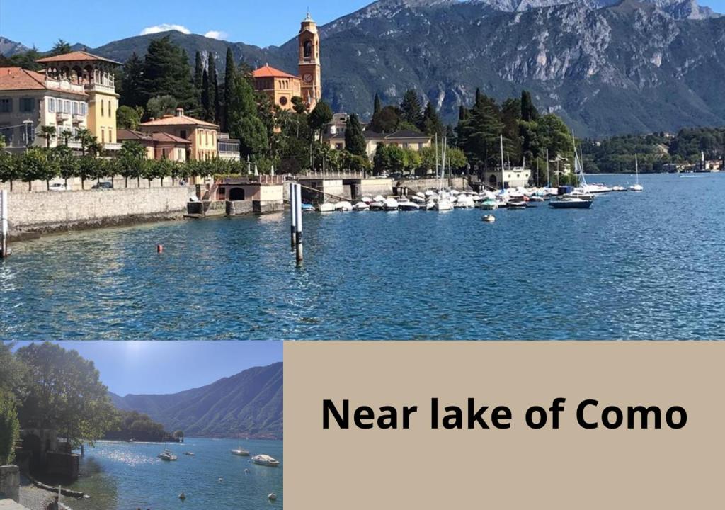a collage of two pictures of a lake at Palazzo Vertemate Traona in Traona