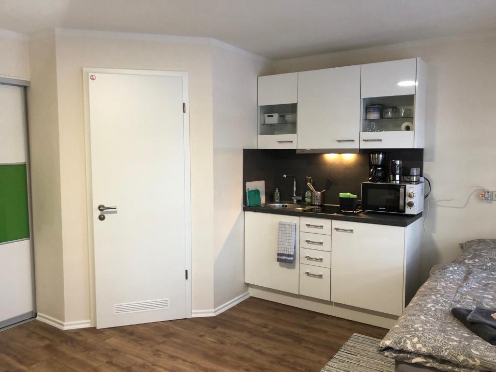 uma cozinha com armários brancos e uma porta branca em GottwaldHaus-Freiberg-Apartment / A em Freiberg