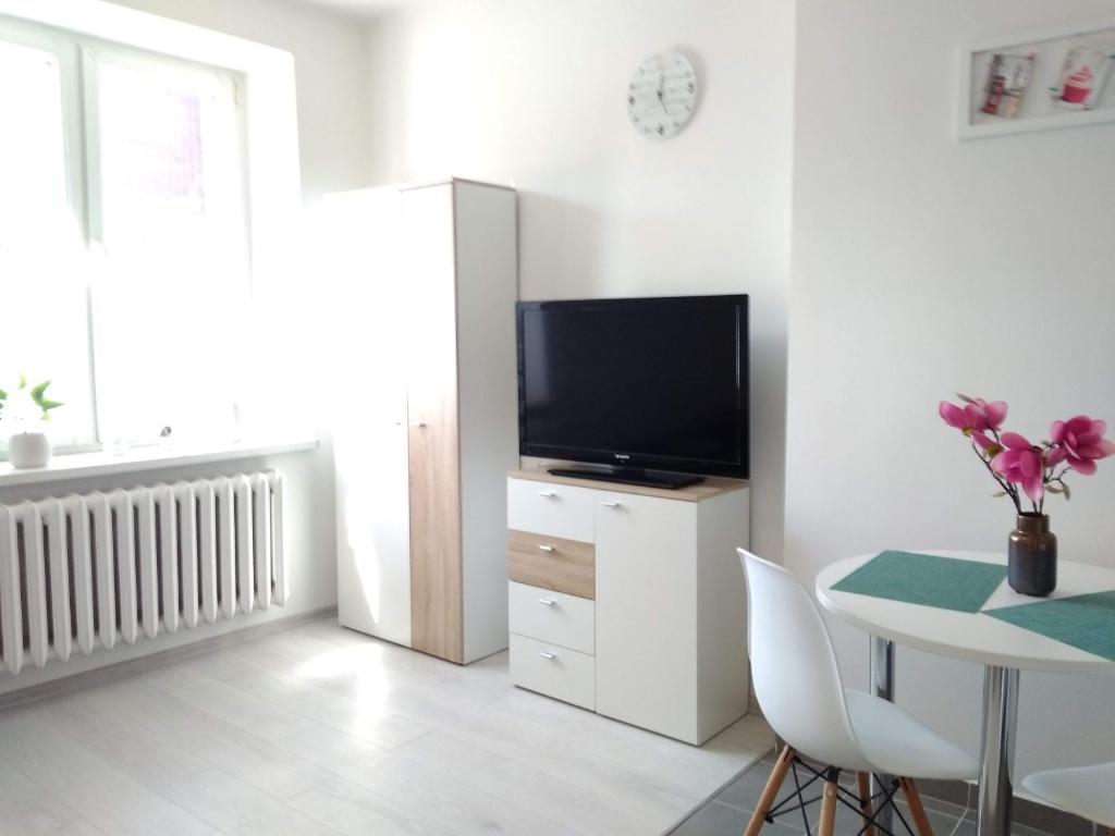 ein Wohnzimmer mit einem TV und einem Tisch mit Stühlen in der Unterkunft Studio Centrum - 1 Maja 16 in Zabrze