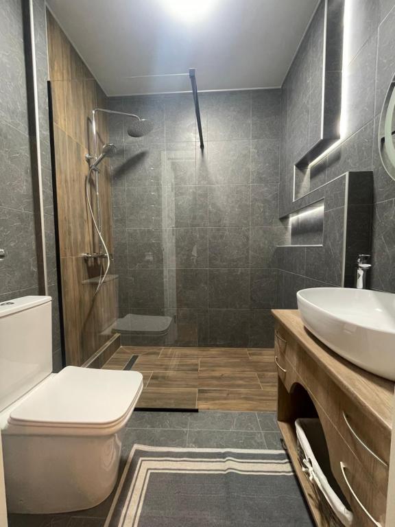 een badkamer met een toilet, een wastafel en een douche bij Sadyba U Olgy in Jaremtsje