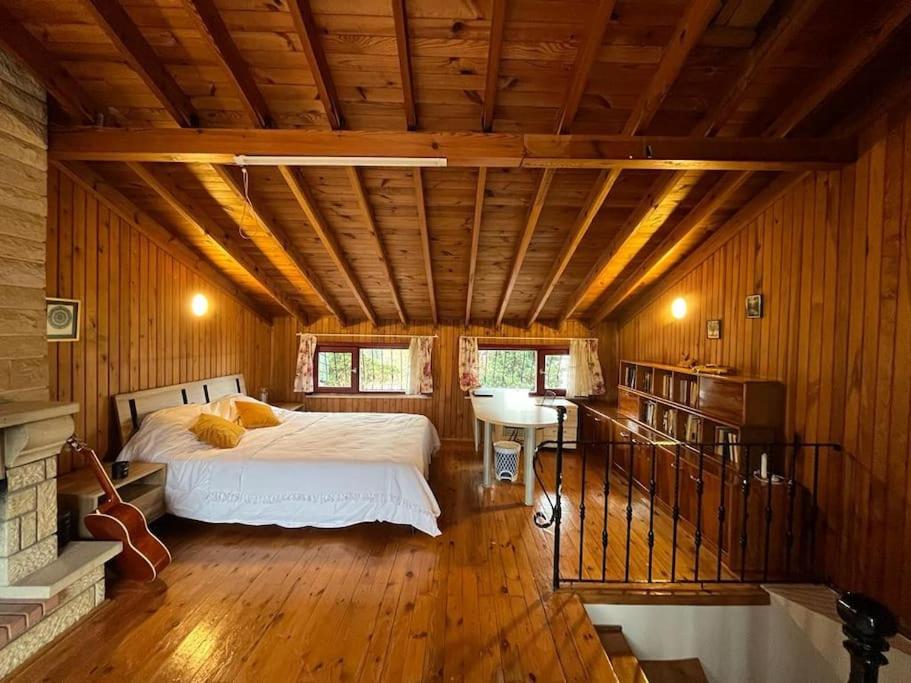 3+1,villa, 10min to KadıköyPier في إسطنبول: غرفة نوم بسرير وسقف خشبي