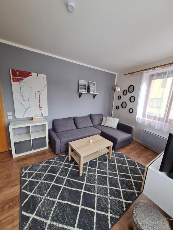 uma sala de estar com um sofá e uma mesa de centro em Rokytnice-apartments em Rokytnice nad Jizerou