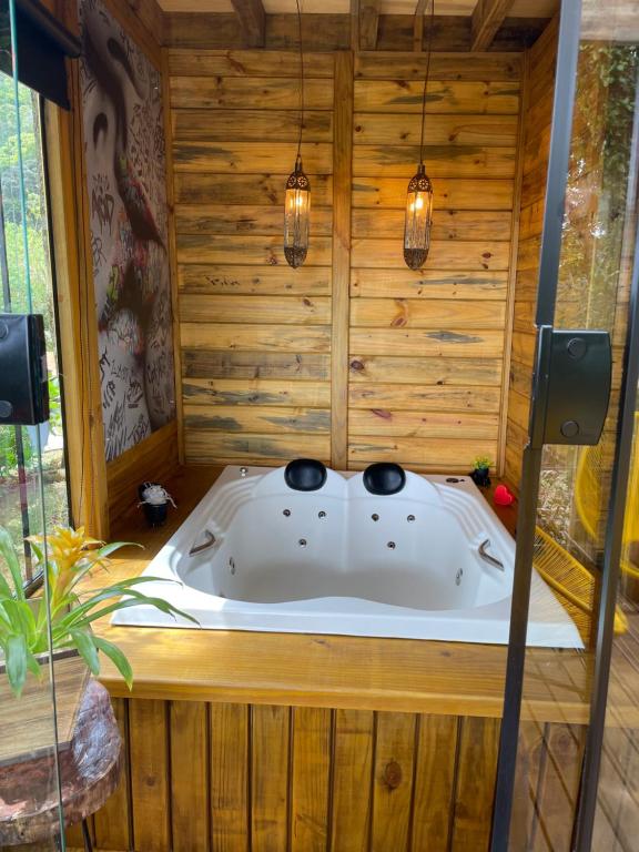 uma banheira de hidromassagem num quarto de madeira com luzes em Recanto Lira II em Monte Verde
