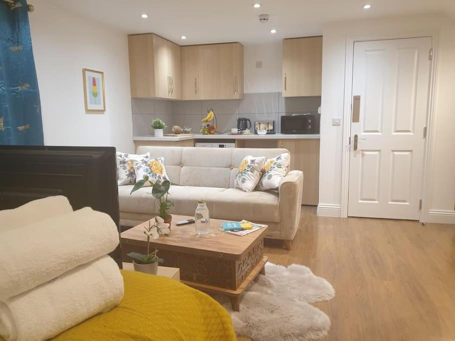 ein Wohnzimmer mit einem Sofa und einem Tisch in der Unterkunft New - Bright London studio loft king bed apartment in quiet street near parks 1074 Lo in London