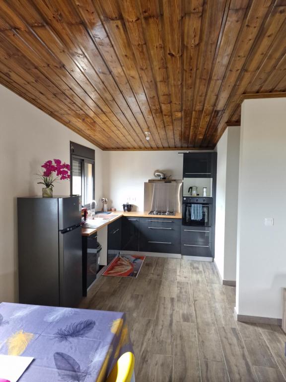 d'une cuisine avec des armoires noires et un plafond en bois. dans l'établissement Appartement océan Esparon, à Petite Île