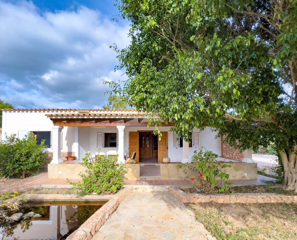 a white house with a tree in front of it at Can Pep Yern 1 in Playa Migjorn