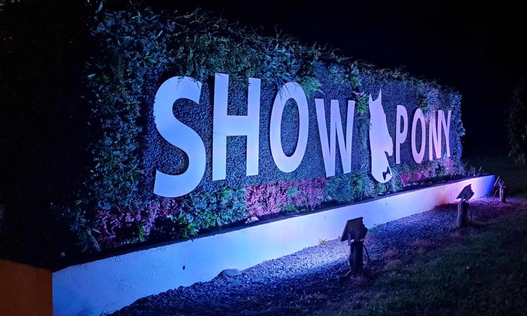 a sign that says showyon pow at night at Show Pony Beach Resort and Suites in Las Lajas