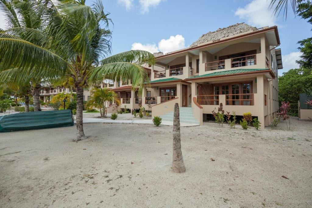 a house with a palm tree in front of it at Placencia Pointe Townhomes #8 in Placencia Village