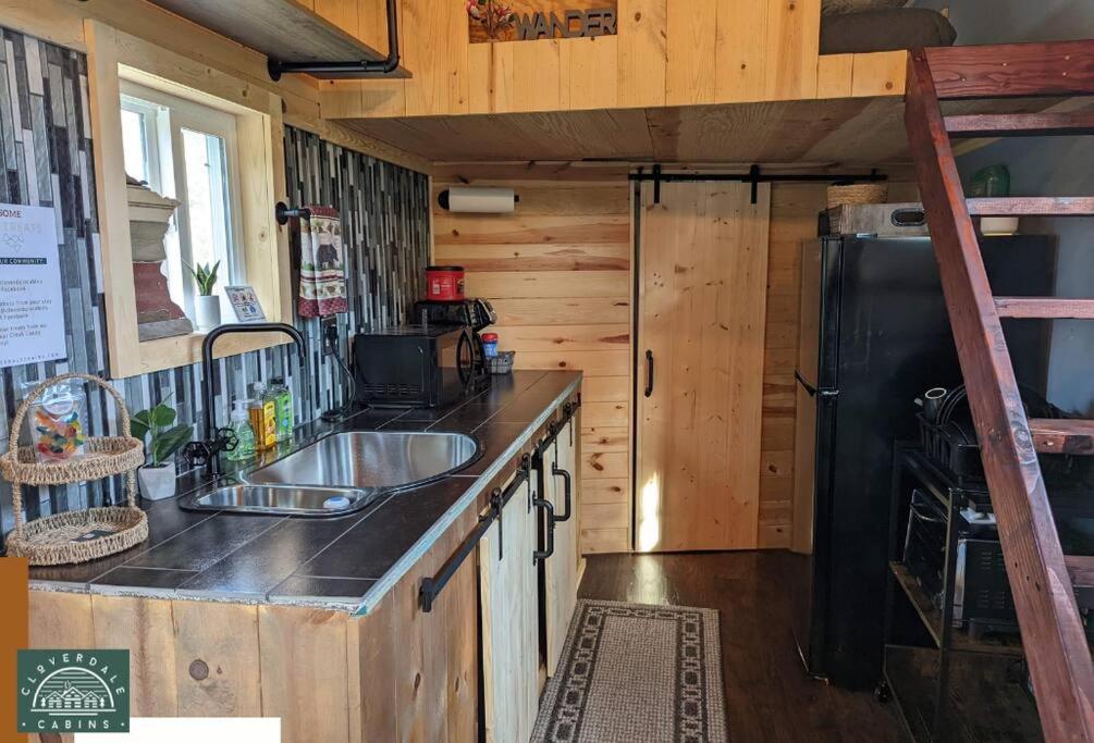 La cuisine est équipée d'un évier et d'un réfrigérateur. dans l'établissement Blue Tiny Home@Cloverdale Cabins, à Hinckley
