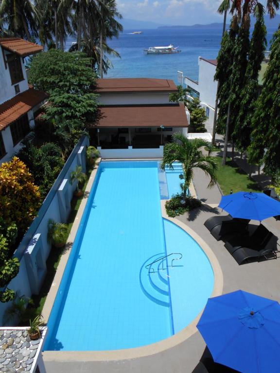 プエルト・ガレラにあるOut of the Blue Resortのパラソル付きのスイミングプールのオーバーヘッドビュー