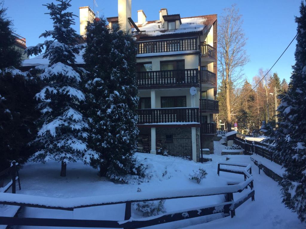 una casa en la nieve con un árbol en Pensjonat Kasia i Michał en Szklarska Poręba