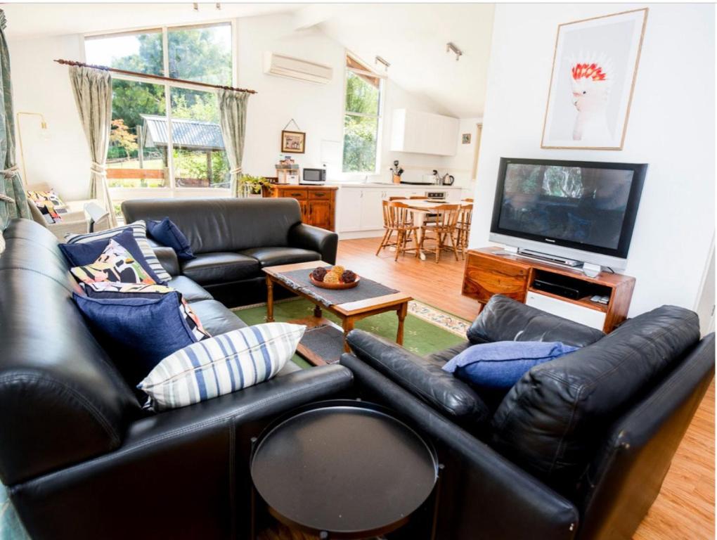 sala de estar con sofá de cuero negro y TV en Don Valley Lodge, en Launching Place