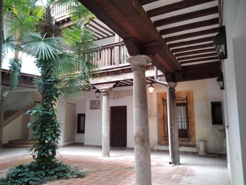 托萊多的住宿－El PORTON DE LA BELLOTA - CON PARKING GRATIS - EN EL CENTRO DE TOLEDO，一座庭院,在一座建筑中种植了两棵棕榈树