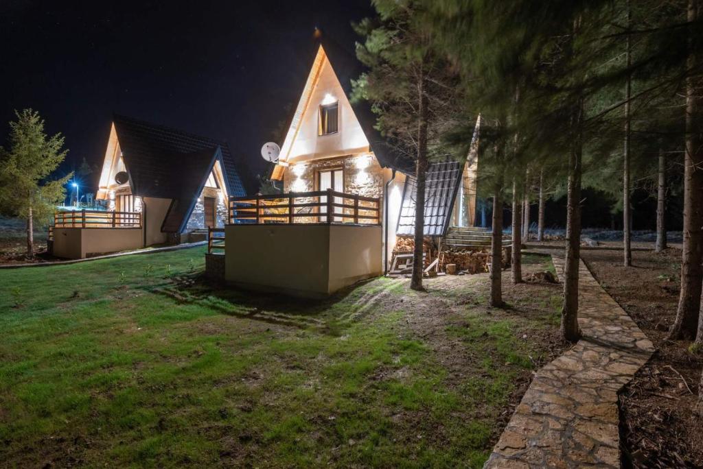 a house with lights on in the yard at night at Mila house Tara in Bajina Bašta