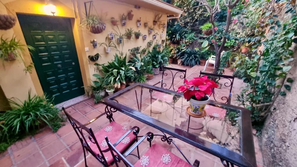 a balcony with chairs and a vase with flowers on it at Casa Esperanza in Málaga