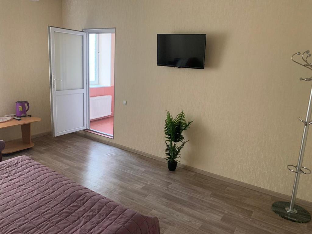 a bedroom with a bed and a tv on the wall at Apartment on Mira avenue in Izmail