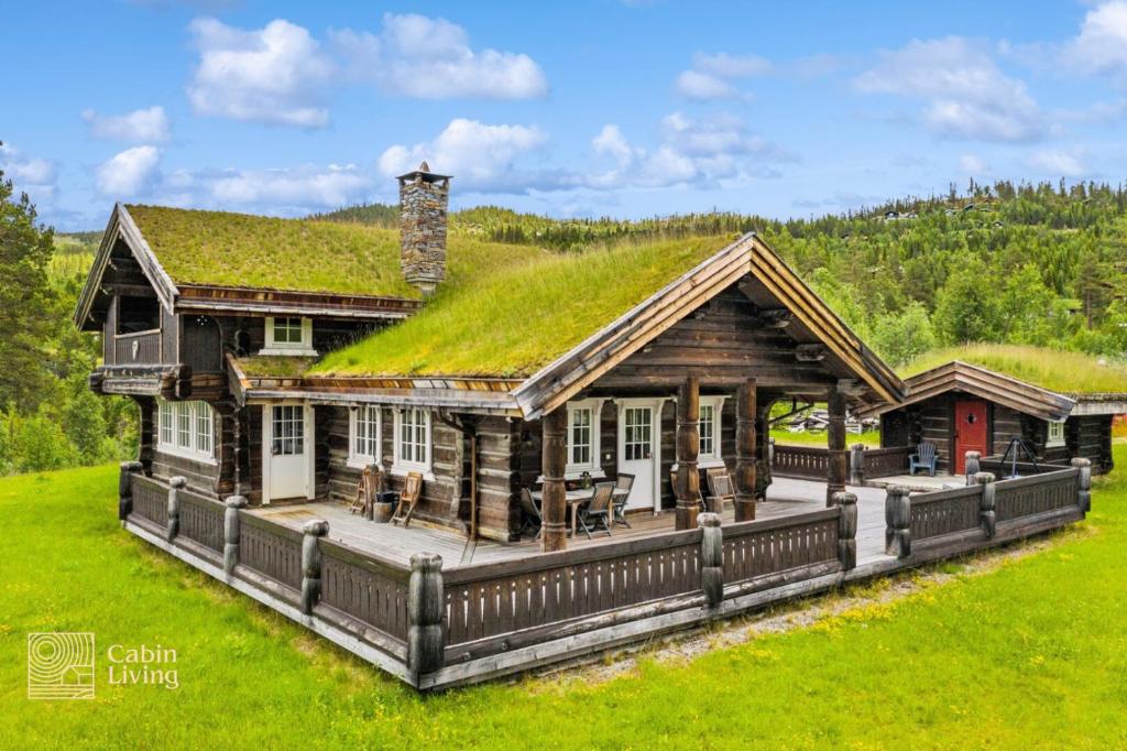 een blokhut met een grasdak bij Large cabin on Nesfjellet pure luxury feeling in Nes i Ådal