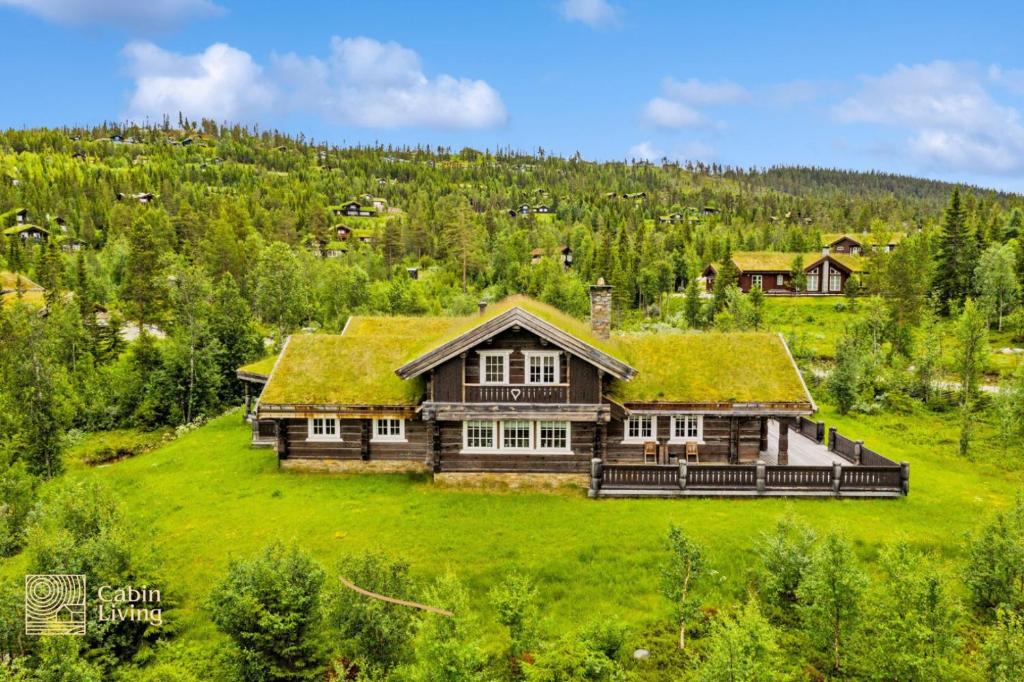una casa di tronchi con un tetto d'erba su un campo verde di Luxury Cabin at Nesfjellet with sauna, bbq, close to ski & golf a Nes i Ådal