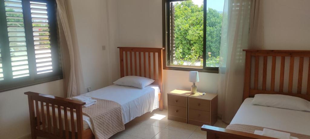 a bedroom with two beds and two windows at Oasis Nature in Polis Chrysochous