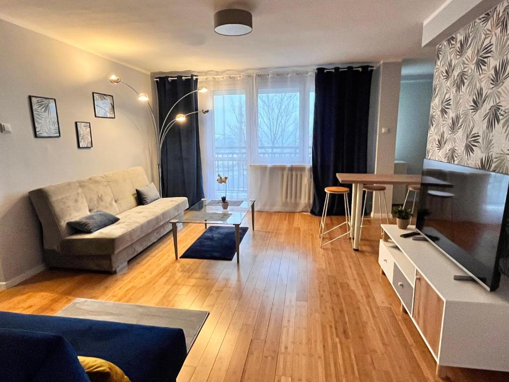 Televízia a/alebo spoločenská miestnosť v ubytovaní Apartament z widokiem na Spodek