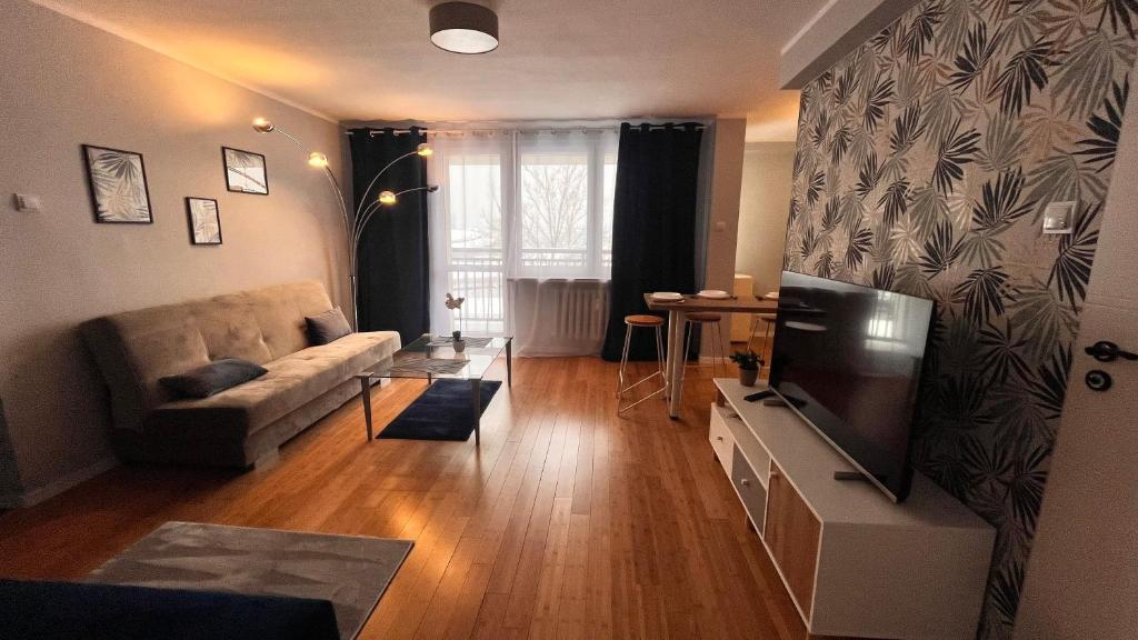 Televízia a/alebo spoločenská miestnosť v ubytovaní Apartament z widokiem na Spodek