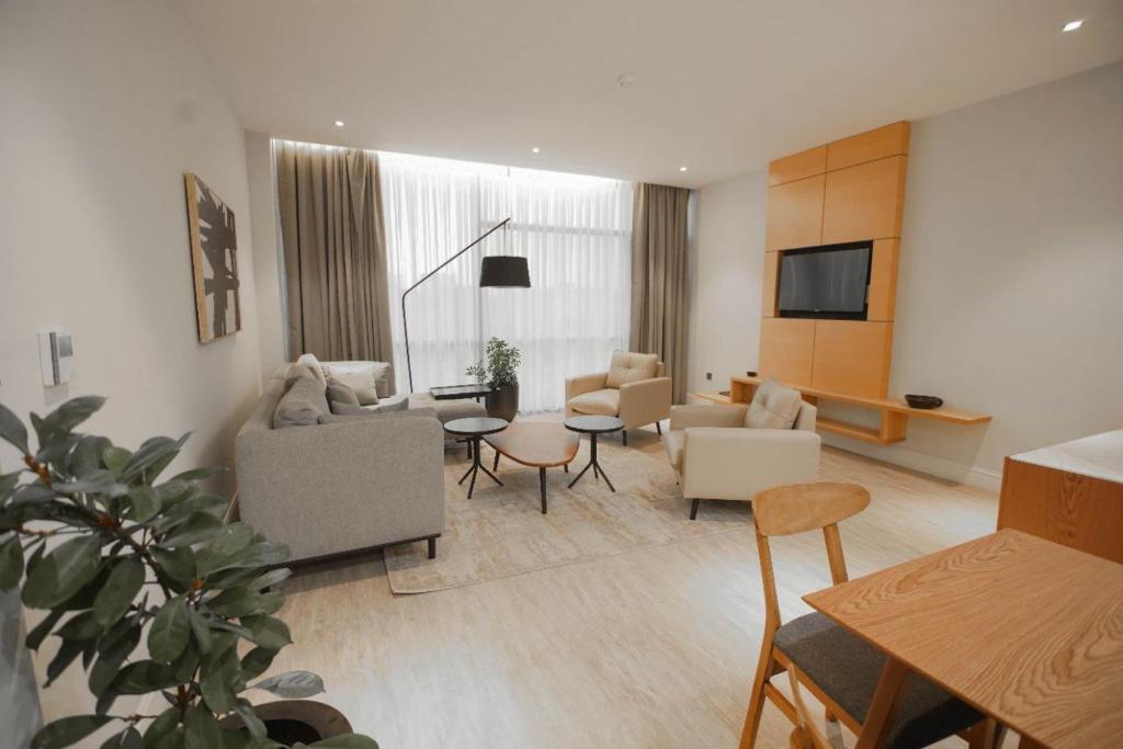 a living room with a couch and a tv at Loft Hotel Apartment in Addis Ababa